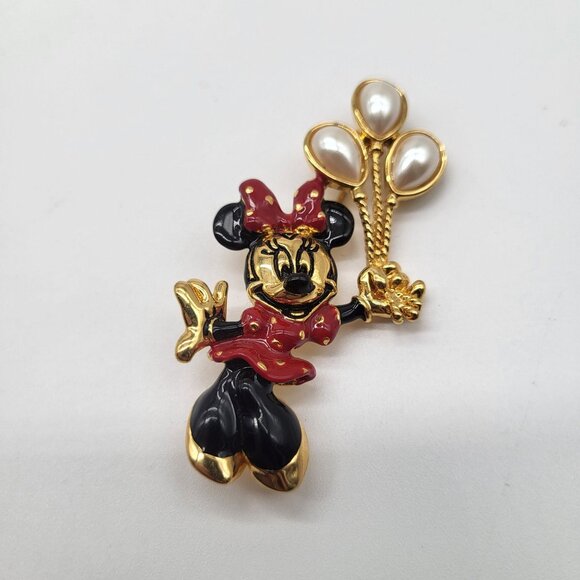VTG 90s Napier Disney Enamel Gold Tone Minnie Mouse w/ Balloons Brooch Pin - Picture 1 of 6